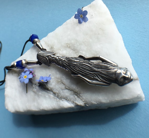 Solid Sterling Silver Alaskan Mermaid Necklace, cast in eco friendly reclaimed silver, on 24" leather cord w/silver and blue trade beads