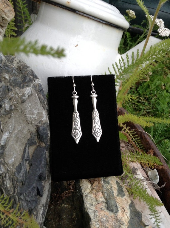 Silver Paddle Earrings, Alaskan Native Style, cast in reclaimed sterling silver, on silver ear wires
