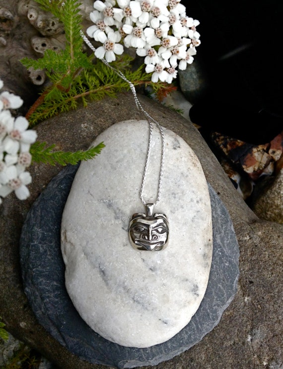 Silver Alaskan Bear Mask Necklace, Northwest Coast Native Style cast in eco friendly sterling silver, on 18" sterling rope chainreclaimed