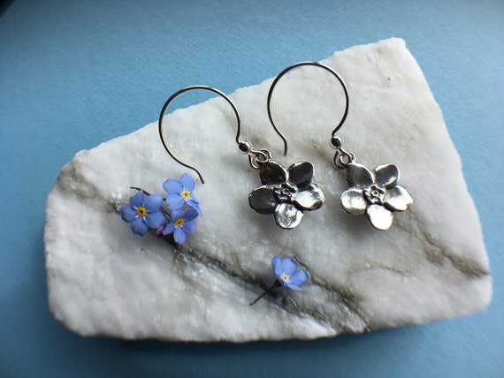 Silver Forget-me-not earrings, Made in Alaska, cast in eco friendly reclaimed sterling silver, on silver ear wires