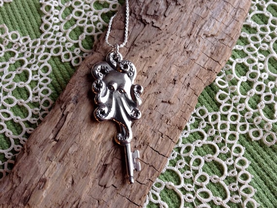 Silver Octopus Skeleton Key Neckalce, madi in Alaska, cast in reclaimed silver, on 20" silver rope chain