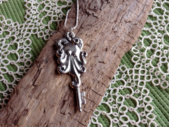 Silver Octopus Skeleton Key Neckalce, madi in Alaska, cast in reclaimed silver, on 20" silver rope chain