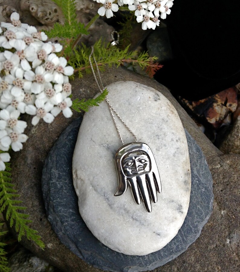 Silver Healing Hand Necklace/Amulet, Alaskan Native Style, cast in eco friendly reclaimed sterling silver, on 20 silver rope chain image 2