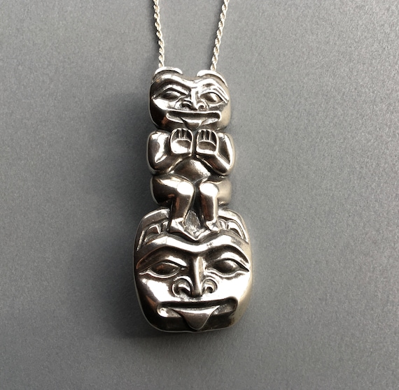 Alaskan Bear Totem Pendant, Northwest Coast Native Style, cast in eco friendly reclaimed sterling silver, on 20" silver rope chain