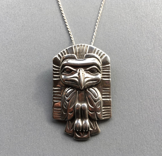 Solid Sterling Silver Eagle Frontlet Necklace/Brooch, Alaskan Native Style, cast in eco-friendly sterling silver, on 20" sterling rope chain