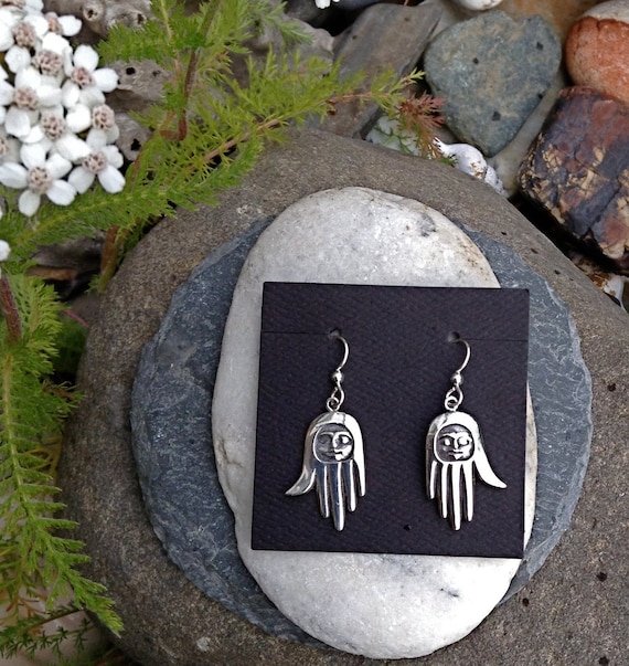 Alaskan Native Style Silver Healing Hand Earrings, cast in eco-friendly reclaimed silver, on silver ear wires