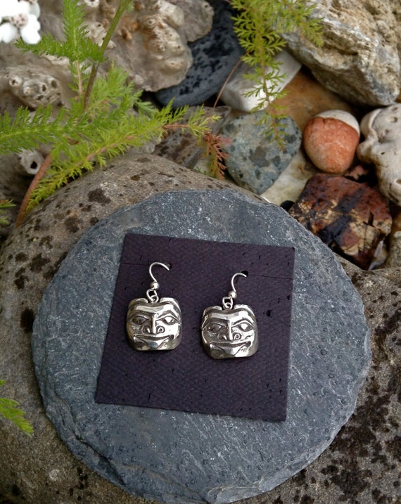 Silver Bear Mask Earrings, Alaskan Native style, on silver ear wires, cast in eco friendly reclaimed sterling silver