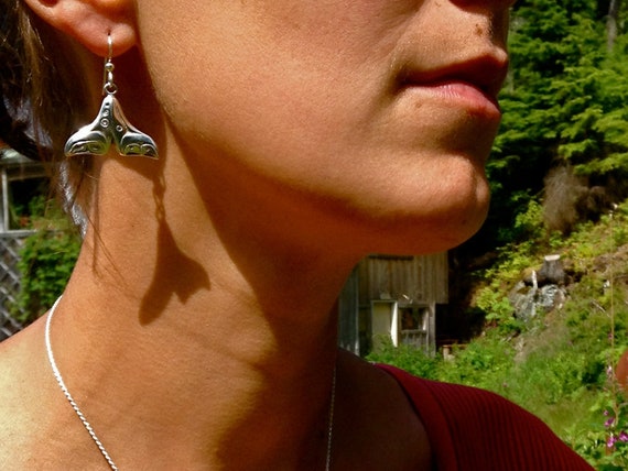 Silver Whale Tail Earrings Alaskan Native Style, Up cycled, Eco friendly, Reclaimed Silver