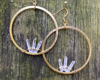 Gold Geode Medium Crystal Hoop Earrings Quartz Points