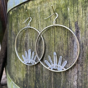 Sterling Silver Geode Crystal Hoop Large Earrings Quartz Points