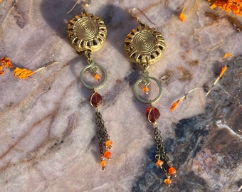 Marigold Carnelian Sundial Long Earrings African Brass Tassels