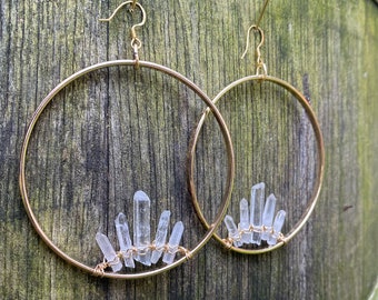 Brass Geode Large Crystal Hoop Earrings Quartz Points