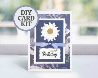 Birthday Card Kit in Cornflower blue and white with Daisy Flower - Happy Birthday Card Kit - Choose a 5 or 10 card set