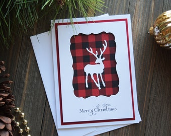 Buffalo Plaid Christmas Cards for Deer Hunter's | Handmade Christmas Card, Hand Made Merry Christmas Greeting Card, red black plaid card