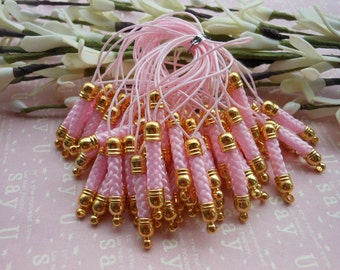 50 pcs 70x5mm Pink Lariat Lanyard Mobile Cell Phone Strap Chains Connectors With Gold Metal Top