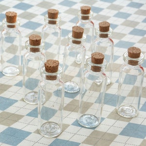 10 Mini glass bottles with corks 15x44mm