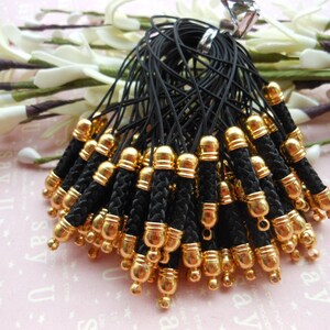 80 pcs 70x5mm Black Lariat Lanyard Mobile Cell Phone Strap Chains Connectors With Gold Metal Top. Cell Phone Strap Lanyard
