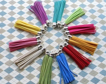 20pcs 90x10mm Mixed color Leather Tassel Fiber Tassel Fringe Tassel with Shinny Sliver plastic Cap Charms
