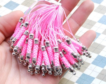 50 pcs 70x5mm Pink Lariat Lanyard Mobile Cell Phone Strap Chains Connectors With Silver Metal Top