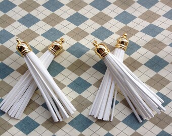 10pcs 10x90mm White color Leather Tassel Fiber Tassel Fringe Tassel with Shinny Gold plastic Cap Charms