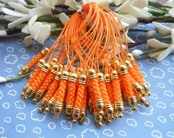 50pcs--75x5mm Cell Phone Strap Lanyard-- Orange Lariat Lanyard Mobile Cell Phone Strap Chains Connectors With Gold Metal Top