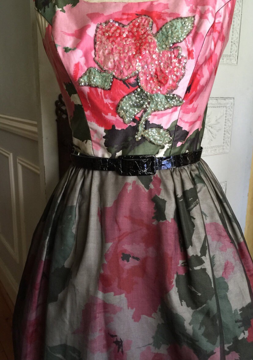 Vintage 1950s Red White Stripe Blue Rose Dress by Debut of London | XS/S