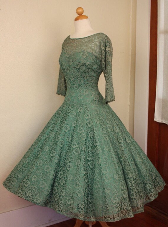 1950s vintage dress green lace full cocktail cockt