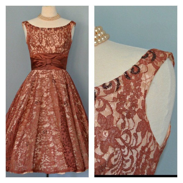 50s Party Dress/1950s Vintage Dress /Lace Cinnamon Brown Apricot Full skirt 50s Cocktail Prom Madmen Party Dress Evening Bridesmaid/50s Dres