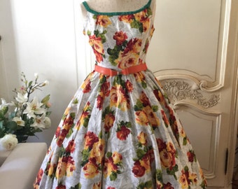 1950s vintage dress floral sundress orange madmen style
