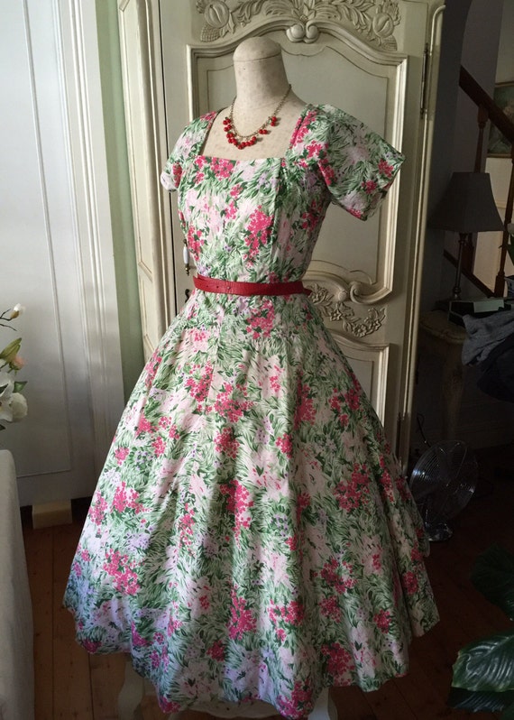 1950s Party dress 50s vintage dress green red pink