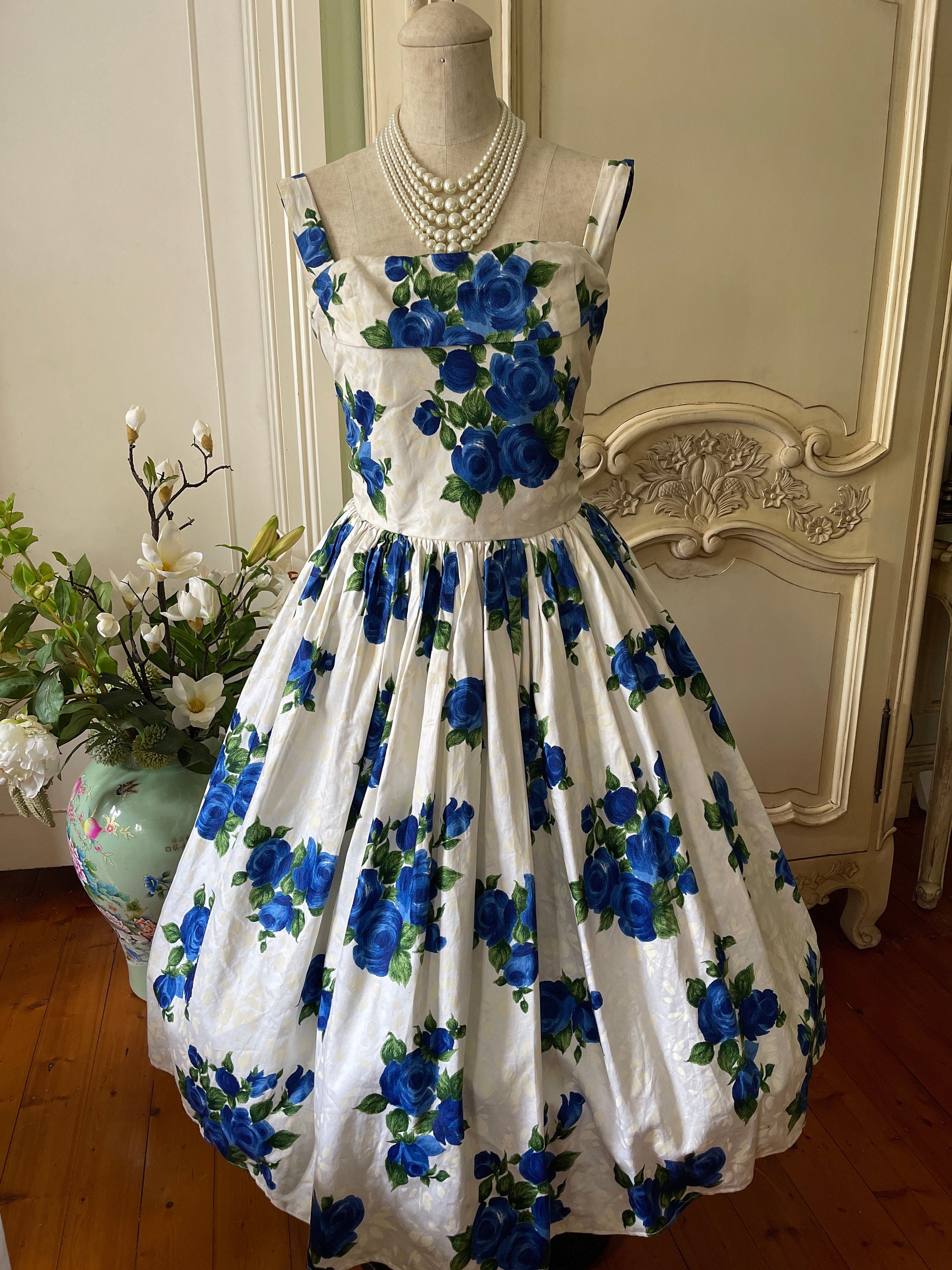 1950s Vintage blue Rose White full swing dress