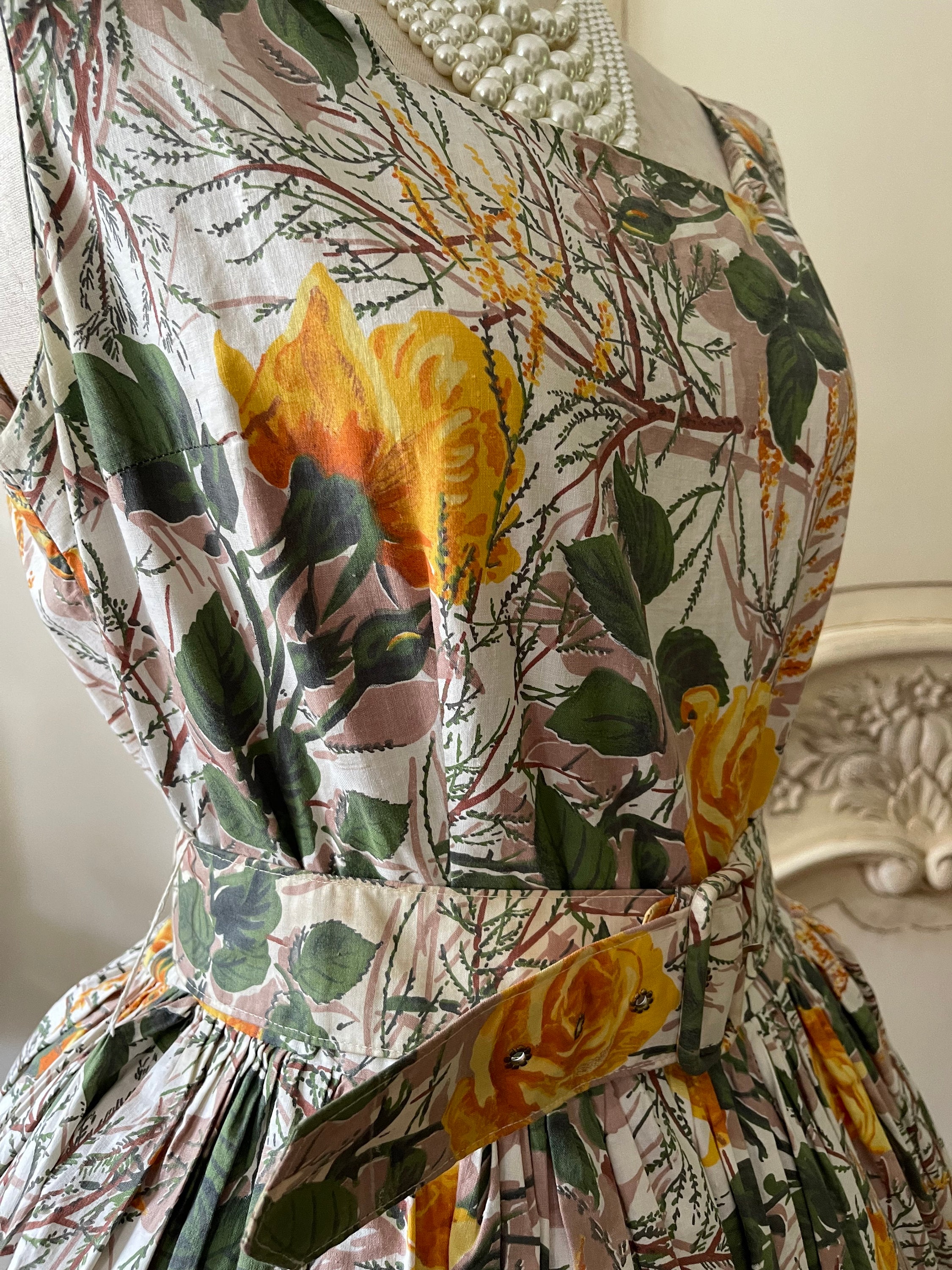 Vintage 1950s Yellow and Green Floral Dress