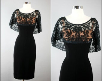 1950&#39;s origInal vintage dress Black cap lace