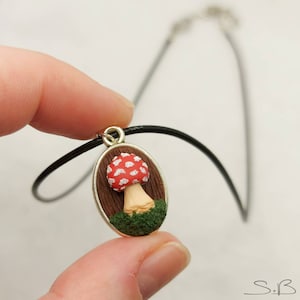 Mushroom Cord Necklace, Fly Agaric, Polymer Clay Fungi, Cottagecore Jewelry