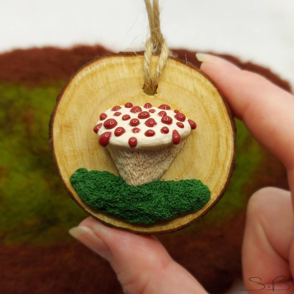 Devils Tooth Hanging Ornament,  Hand sculpted polymer clay sculpture on a wood Slice, Hydnellum Peckii, fungi art