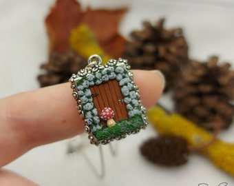 Miniature Mossy Door Necklace: Polymer Clay Mushroom Fae Jewelry