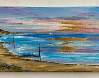 Print of Hengistbury Head on Gold Leaf. from original panoramic painting of the entrance to the Solent. Dorset Coast near the Isle of Wight.