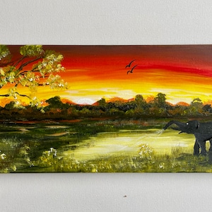 Elephant at the Waterhole/original panoramic painting/acrylic on canvas/sunset/sunrise/fine art/wall art/home decoration/wall decoration