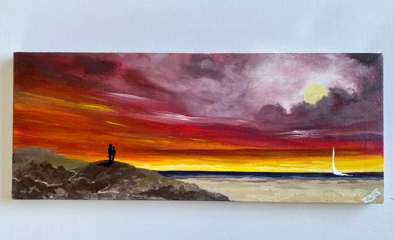 couple in love full Moon Red and yellow panoramic beach print wall decoration Romance under a Full Moon Contemporary Fine art Wall art