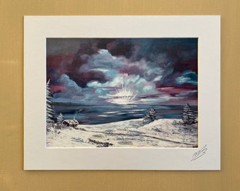 Cottage in the now, Print from original painting, sunrise painting, wall art, wall decoration, special gift, Snow Scene, Full moon art