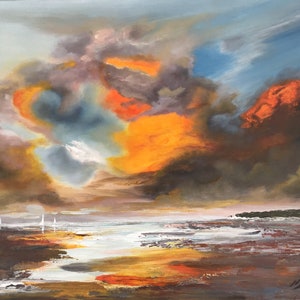 Print of Abstract Orange Sky/Orange Sunset/Dorset coastline art/Jurassic Coast/seascape painting/home decoration/Old Harry Rock/Bournemouth