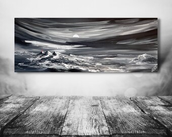Panoramiczny krajobraz górski: czarno-biały obraz na płótnie (80x30x3,5 cm)