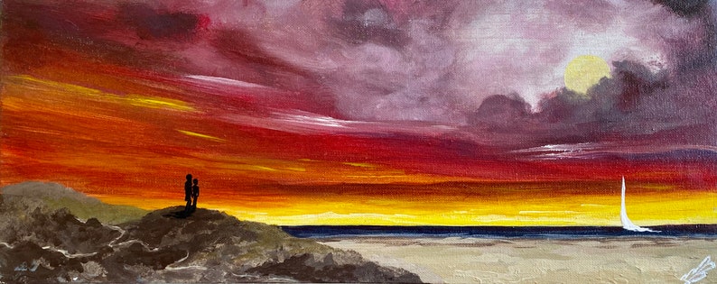 couple in love full Moon Red and yellow panoramic beach print wall decoration Romance under a Full Moon Contemporary Fine art Wall art