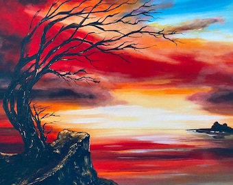 Print of Sunset at the End of The World, from original painting, Red Sunset, home decoration, fine art, wall art, wall decoration, Seascape