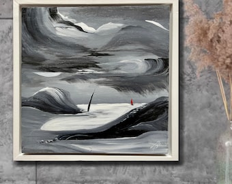 Harmony of Contrast, original abstract seascape, small square acrylic painting in a white wooden frame, black and white abstract wall art