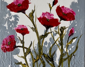 Textured Red Poppy Painting: Abstract Floral Art on Small Canvas