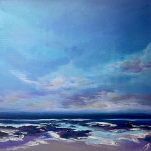 Paisagem marinha tranquila, pintura original de paisagem marinha quadrada, arte azul, arte de parede original, decoração de parede, pintura abstrata de paisagem marinha, belas artes