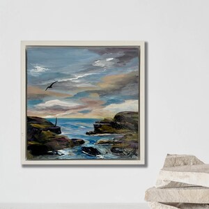 Tranquil Echoes, original square framed seascape, a sanctuary for peace, wall art painting, home decoration, sunset or sunrise painting, art