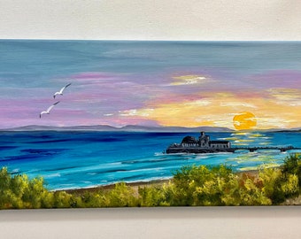 A4 print of Bournemouth Pier Sunset. from original panoramic seascape painting/ jurassic coast in Dorset/ sunset sky/ wallart/ wall decor
