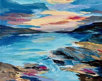 Impresión artística de paisaje marino abstracto: Pintura de la torre de vigilancia del amanecer de Marja Brown